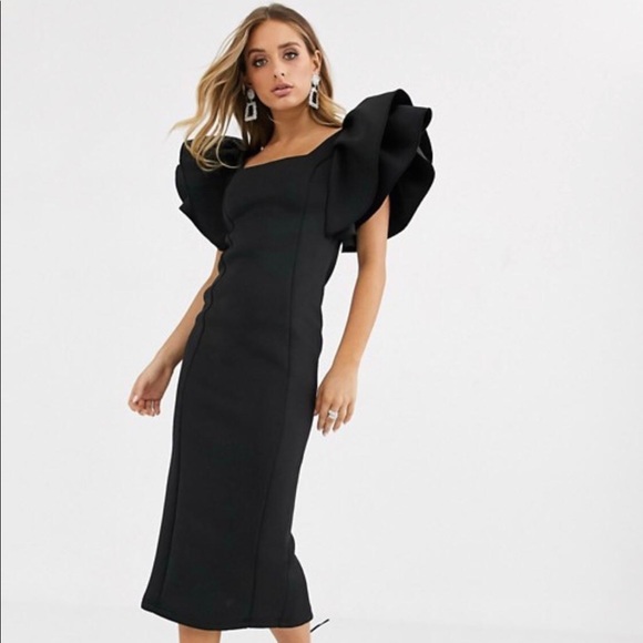 ruffle sleeve square neck scuba midi dress - Picture 3 of 5
